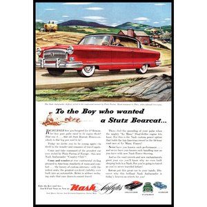 1953 Nash Ambassador Airflyte Coupe Vintage Print Ad Barn Bridge River Wall Art